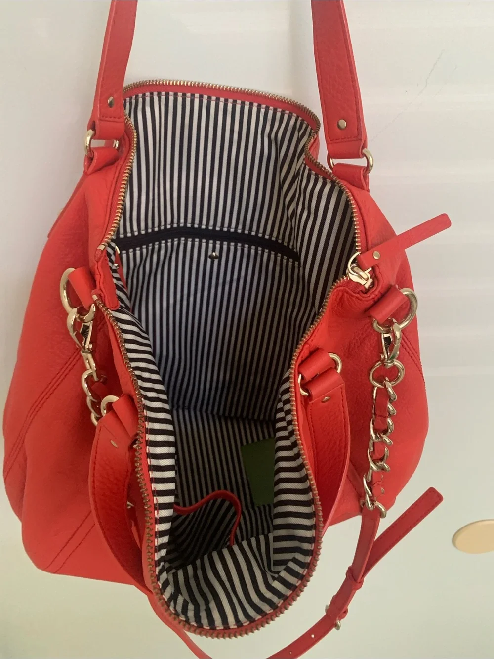 Like New- Kaye Spade  Red Pebble Leather Shoulder Bag with Gold Chain Accents